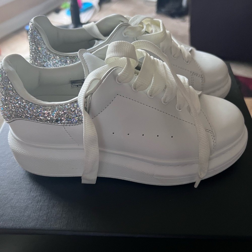 Alexander McQueen White and Silver Glitter Shoes! Worn a few times